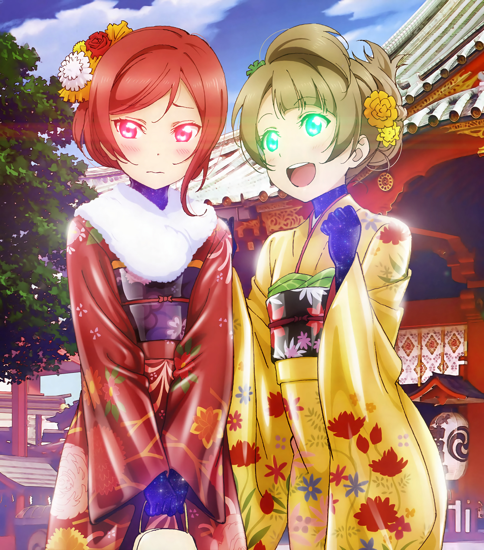At the local shrine, Maki blushes as Kotori looks excited.  Both of them are wearing kimonos made of glossy latex, with a bodysuit of starry black latex from their necks down.